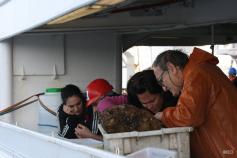 Enrique García Raso y Alejandra Fernández analizan las especies fijas a la superficie de una chimenea carbonatada ©IEO